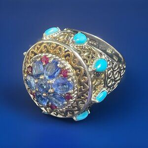 Signed STS 925 Sterling Silver Domed Ring Blue Red Gemstone & Glass Size 5.25